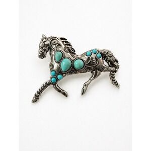 Vintage Style Silver Tone Horse Brooch Turquoise Cabochon Western Equestrian Pin